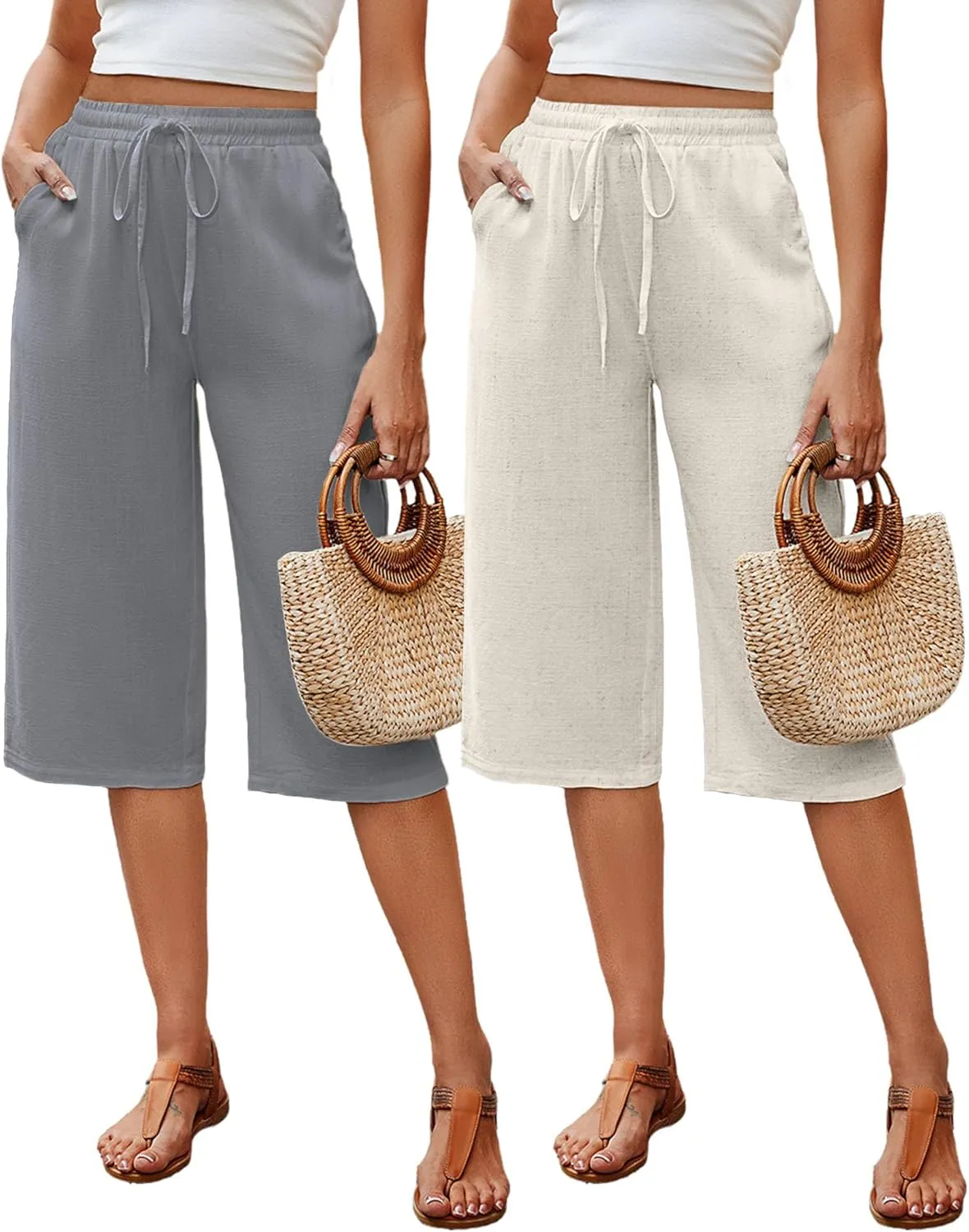 Neer 2 Pack Women's Linen Capris, Summer Drawstring Wide Leg Pants Casual High Waisted Palazzo Trousers with Pockets