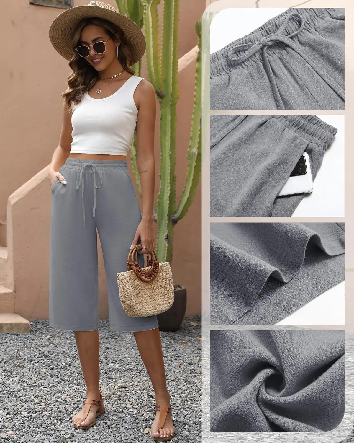 Neer 2 Pack Women's Linen Capris, Summer Drawstring Wide Leg Pants Casual High Waisted Palazzo Trousers with Pockets