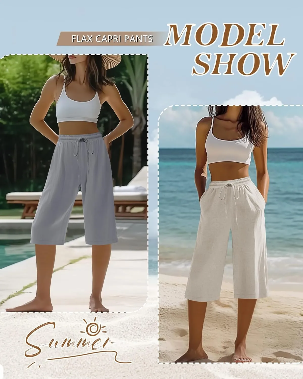 Neer 2 Pack Women's Linen Capris, Summer Drawstring Wide Leg Pants Casual High Waisted Palazzo Trousers with Pockets