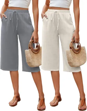 Neer 2 Pack Women's Linen Capris, Summer Drawstring Wide Leg Pants Casual High Waisted Palazzo Trousers with Pockets