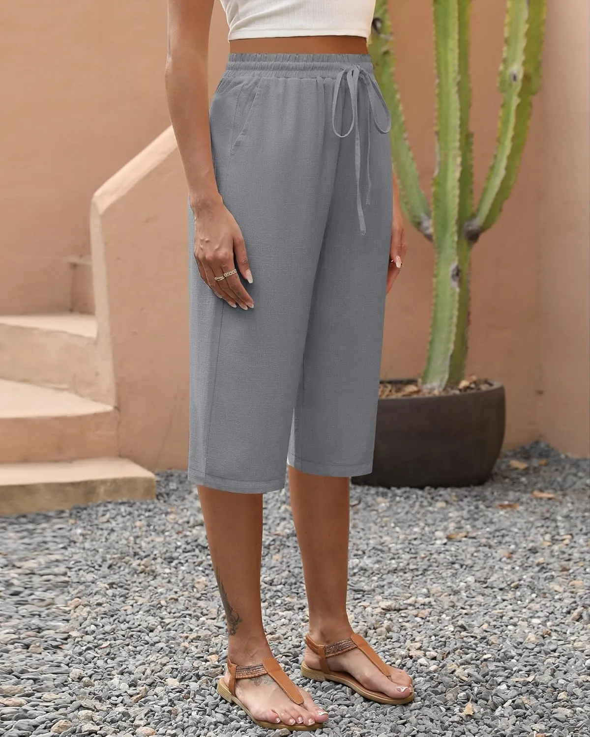 Neer 2 Pack Women's Linen Capris, Summer Drawstring Wide Leg Pants Casual High Waisted Palazzo Trousers with Pockets