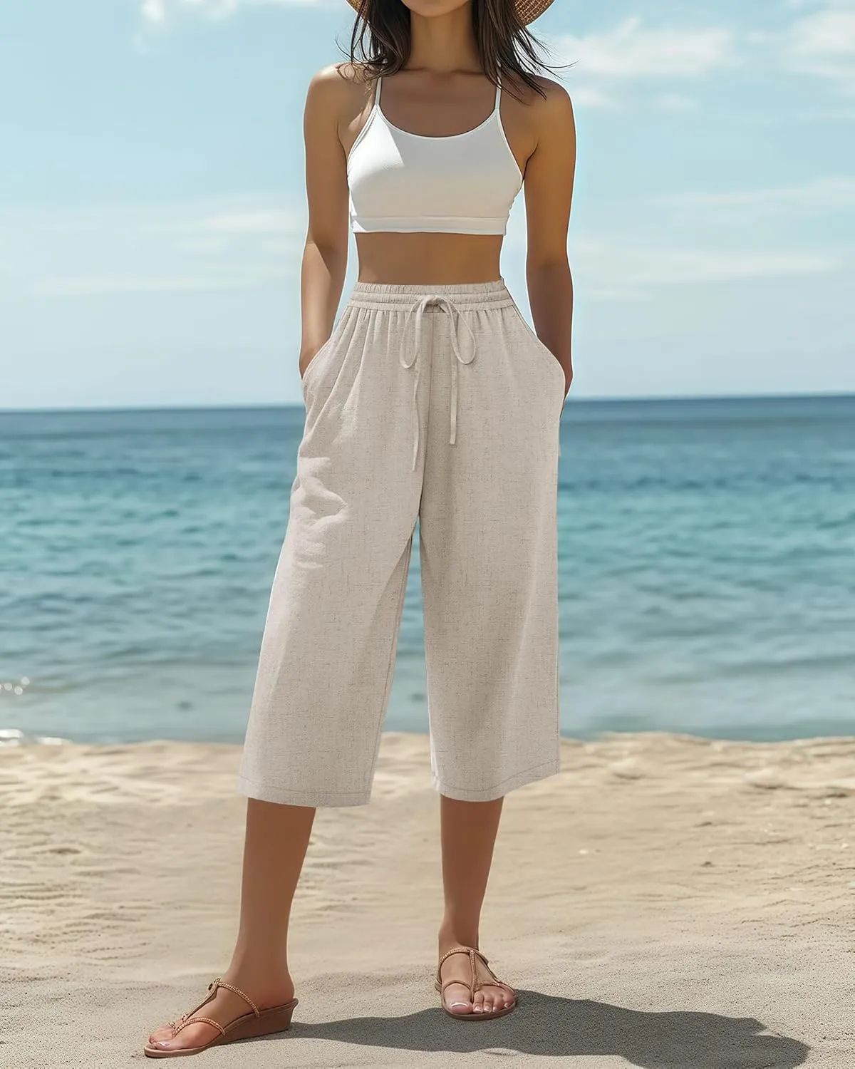 Neer 2 Pack Women's Linen Capris, Summer Drawstring Wide Leg Pants Casual High Waisted Palazzo Trousers with Pockets