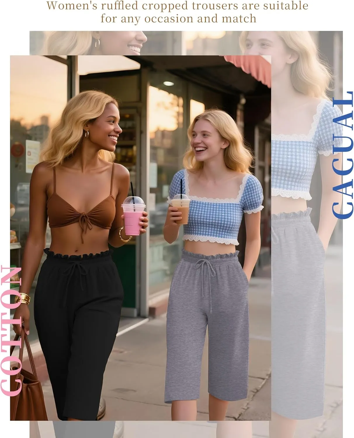 Neer 3 Pack Capri Pants for Women Cotton High Waisted Wide Leg Cropped Trousers Drawstring Ruffled Palazzo with Pockets
