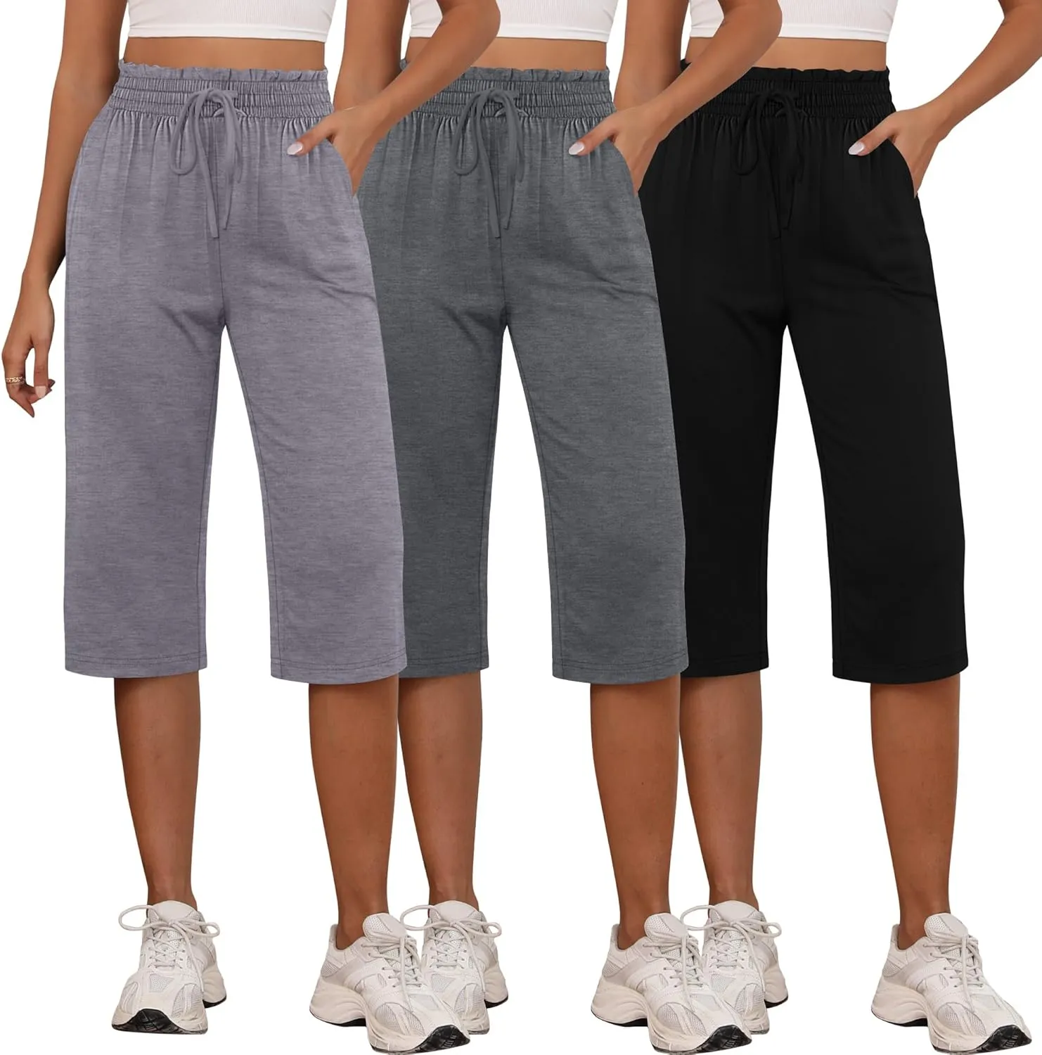 Neer 3 Pack Capri Pants for Women Cotton High Waisted Wide Leg Cropped Trousers Drawstring Ruffled Palazzo with Pockets