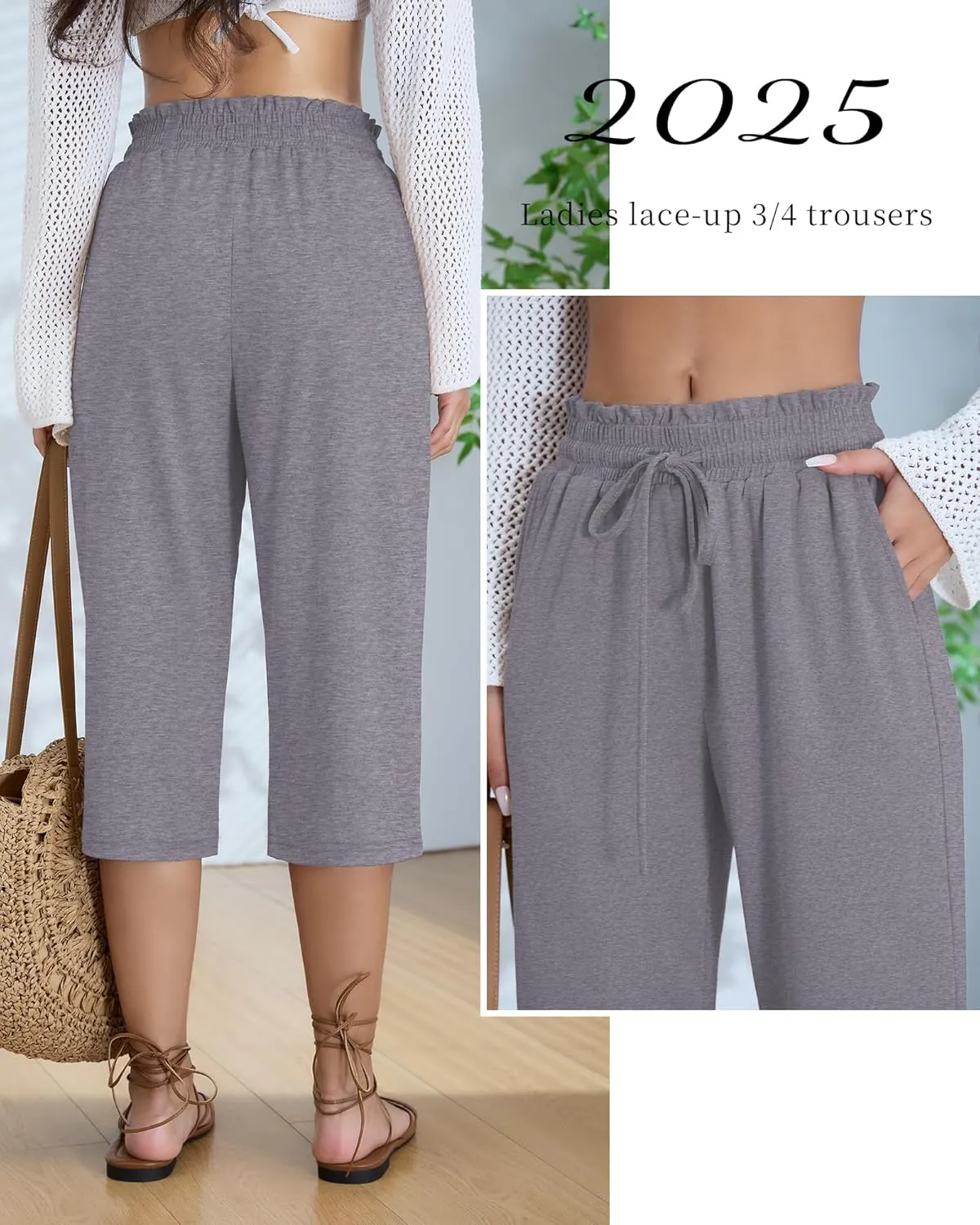 Neer 3 Pack Capri Pants for Women Cotton High Waisted Wide Leg Cropped Trousers Drawstring Ruffled Palazzo with Pockets