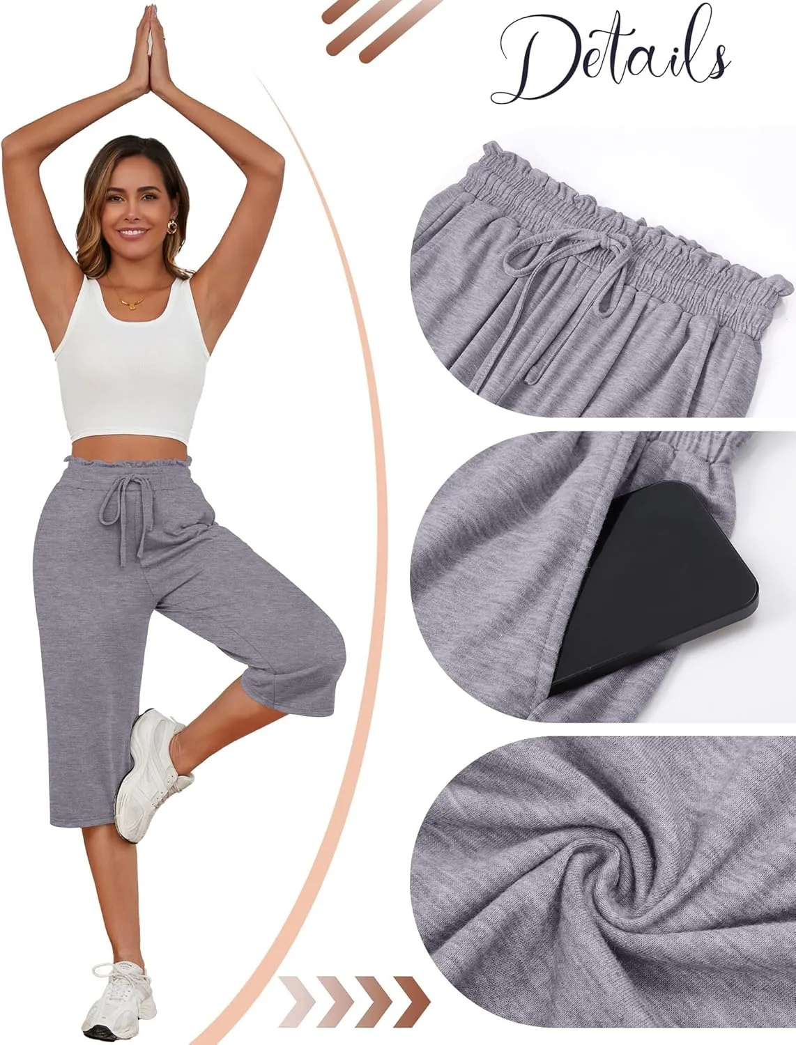 Neer 3 Pack Capri Pants for Women Cotton High Waisted Wide Leg Cropped Trousers Drawstring Ruffled Palazzo with Pockets