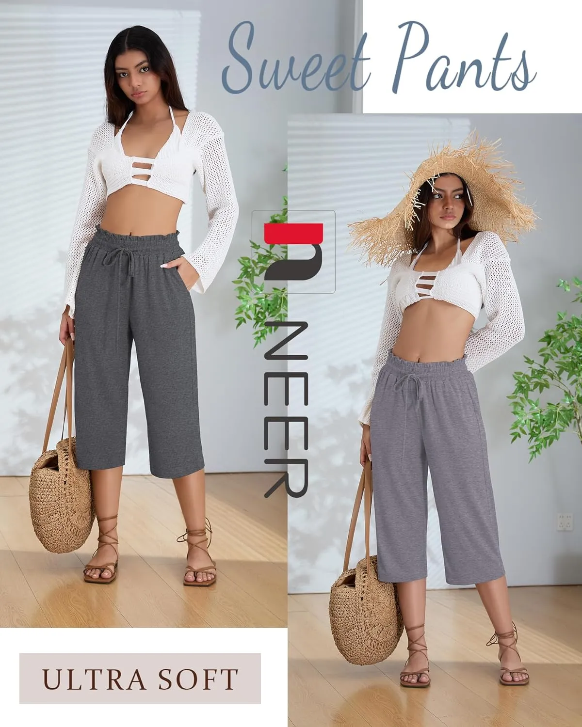 Neer 3 Pack Capri Pants for Women Cotton High Waisted Wide Leg Cropped Trousers Drawstring Ruffled Palazzo with Pockets