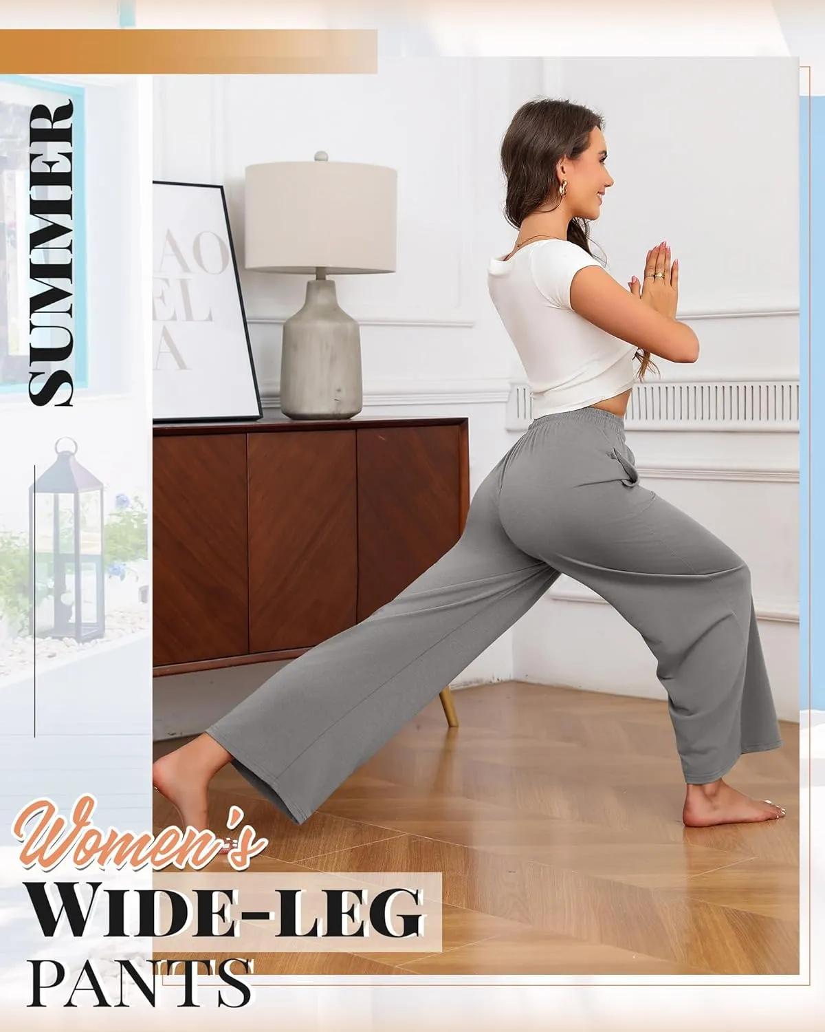 Neer 3 Pack Women's Drawstring Pants Casual Wide Leg Lounge Pants Yoga Sweatpants Loose Summer Comfy Palazzo with Pockets