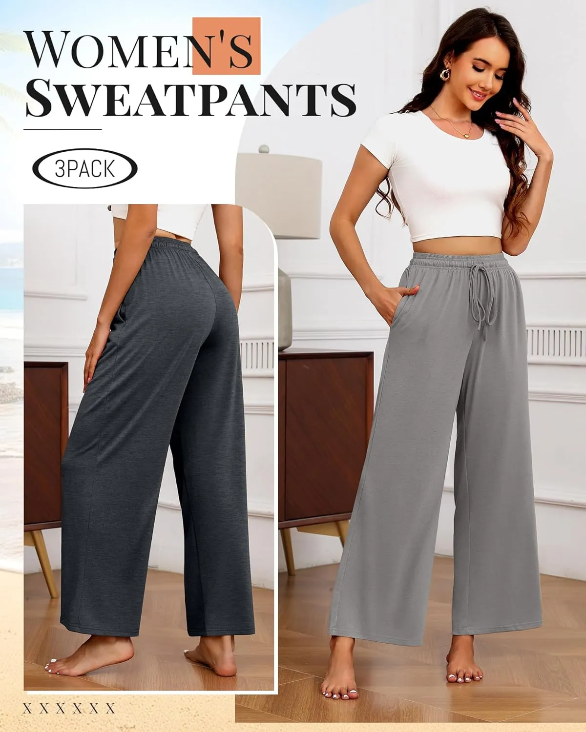 Neer 3 Pack Women's Drawstring Pants Casual Wide Leg Lounge Pants Yoga Sweatpants Loose Summer Comfy Palazzo with Pockets