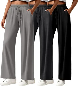Neer 3 Pack Women's Drawstring Pants Casual Wide Leg Lounge Pants Yoga Sweatpants Loose Summer Comfy Palazzo with Pockets