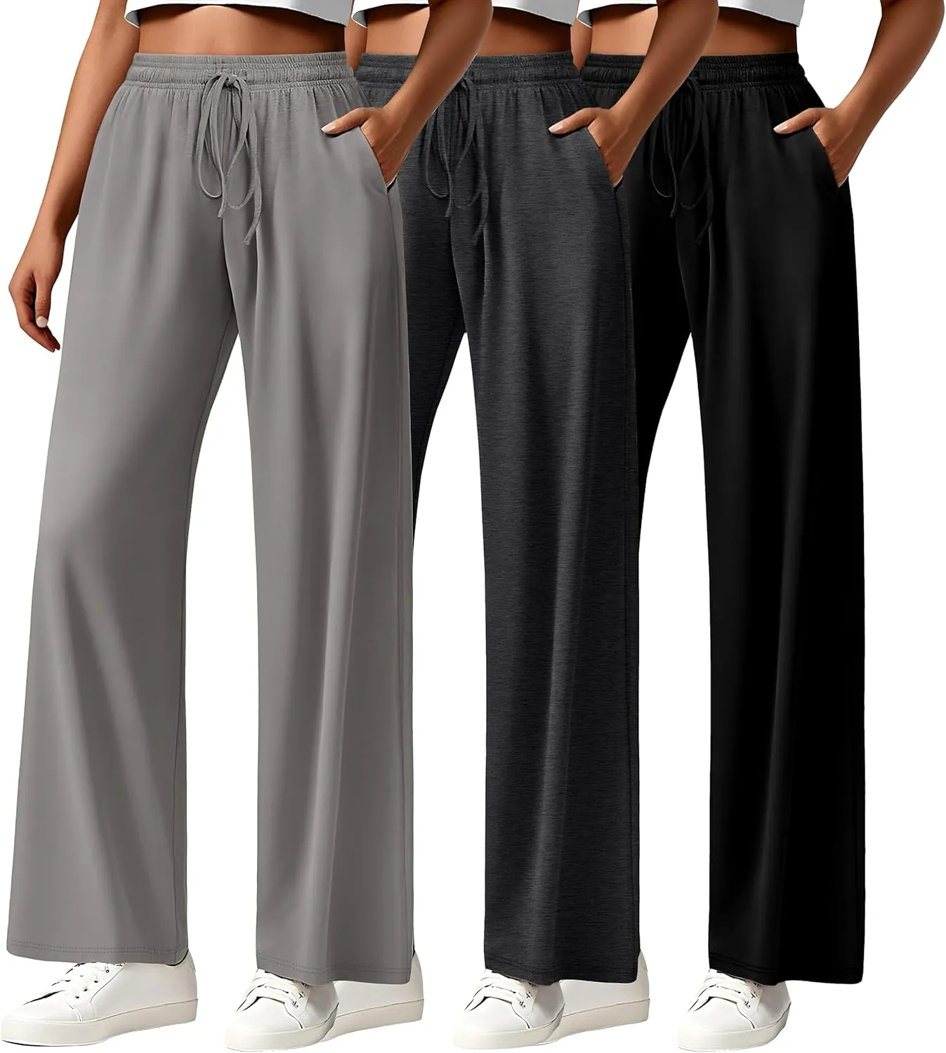 Neer 3 Pack Women's Drawstring Pants Casual Wide Leg Lounge Pants Yoga Sweatpants Loose Summer Comfy Palazzo with Pockets