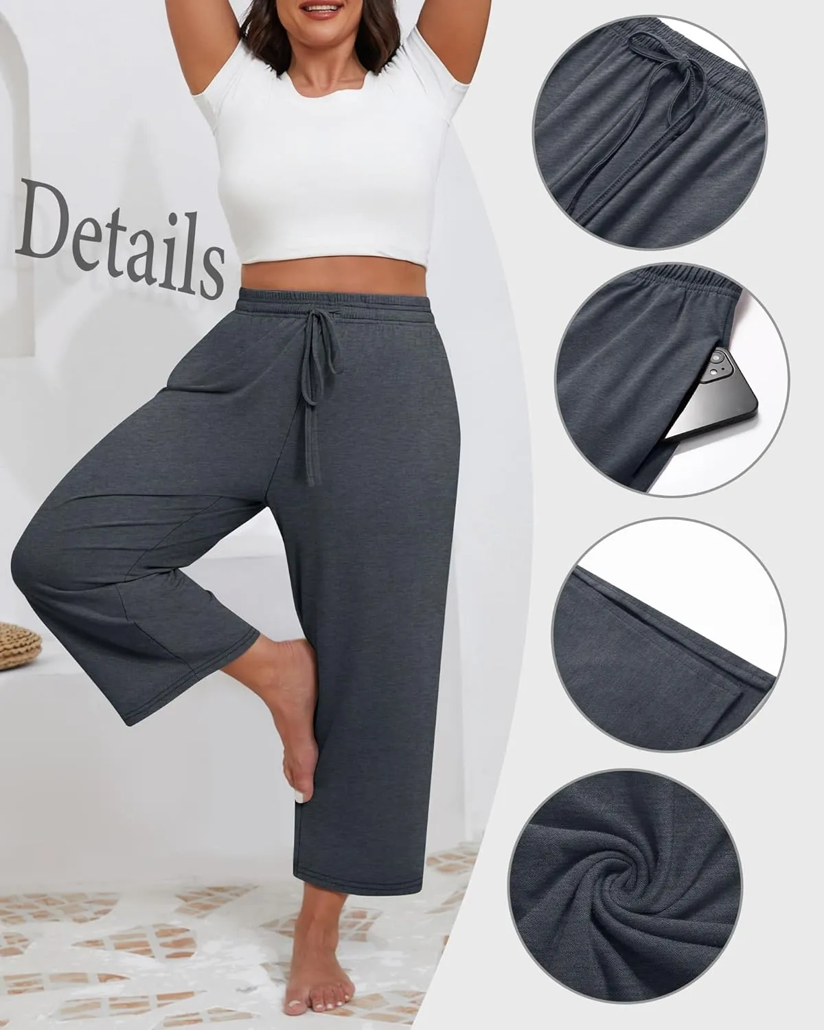 Neer 3 Pack Women's Plus Size Capris, Drawstring Cropped Wide Leg Pants Lounge Athletic Yoga Sweatpant with Pocket
