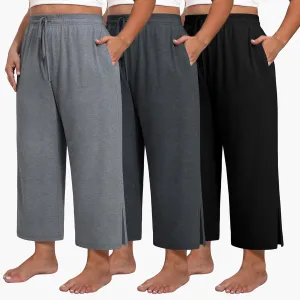 Neer 3 Pack Women's Plus Size Capris, Drawstring Cropped Wide Leg Pants Lounge Athletic Yoga Sweatpant with Pocket