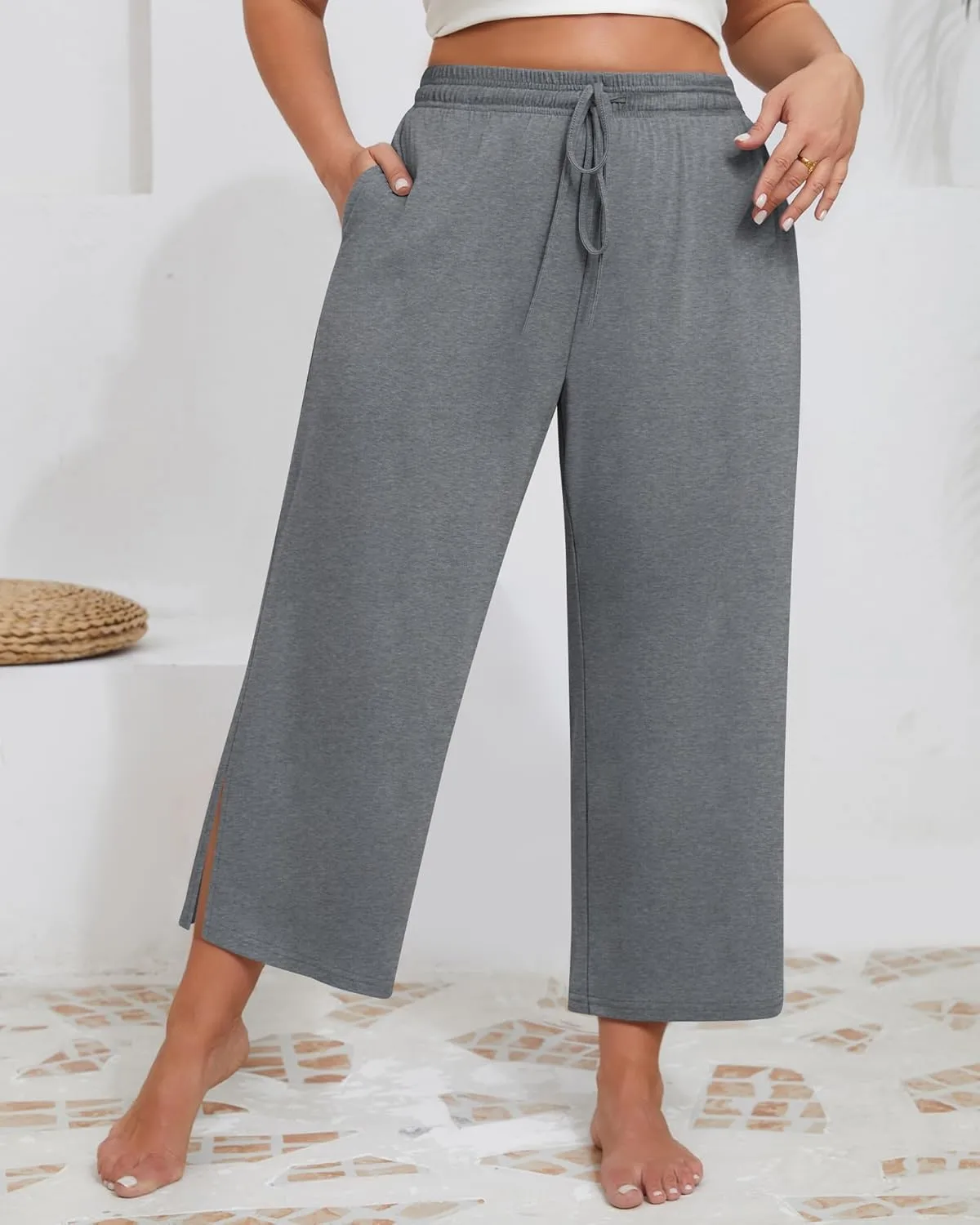 Neer 3 Pack Women's Plus Size Capris, Drawstring Cropped Wide Leg Pants Lounge Athletic Yoga Sweatpant with Pocket