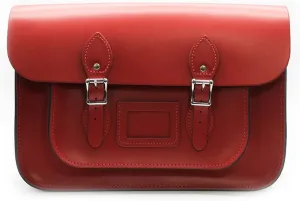 New Premium Travel 15" Real Leather Buckle Satchel Bag - Red - UK Made