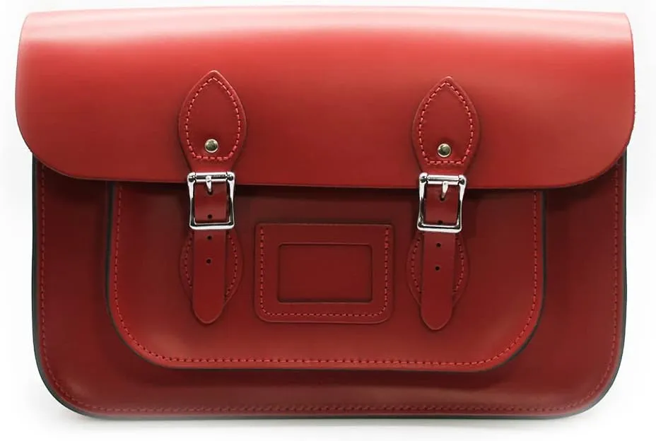 New Premium Travel 15" Real Leather Buckle Satchel Bag - Red - UK Made