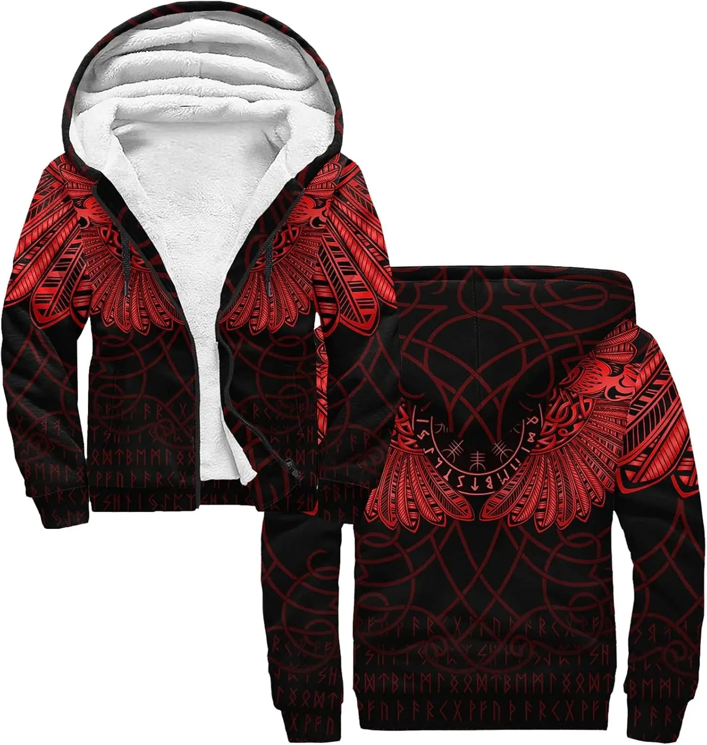 Odin myth heavyweight hoodies for men, fenrir wolf 3D print fleece warm windproof zip sweatshirt winter Hooded jacket (Color : Raven Totem Red, Size : 3X-Large)
