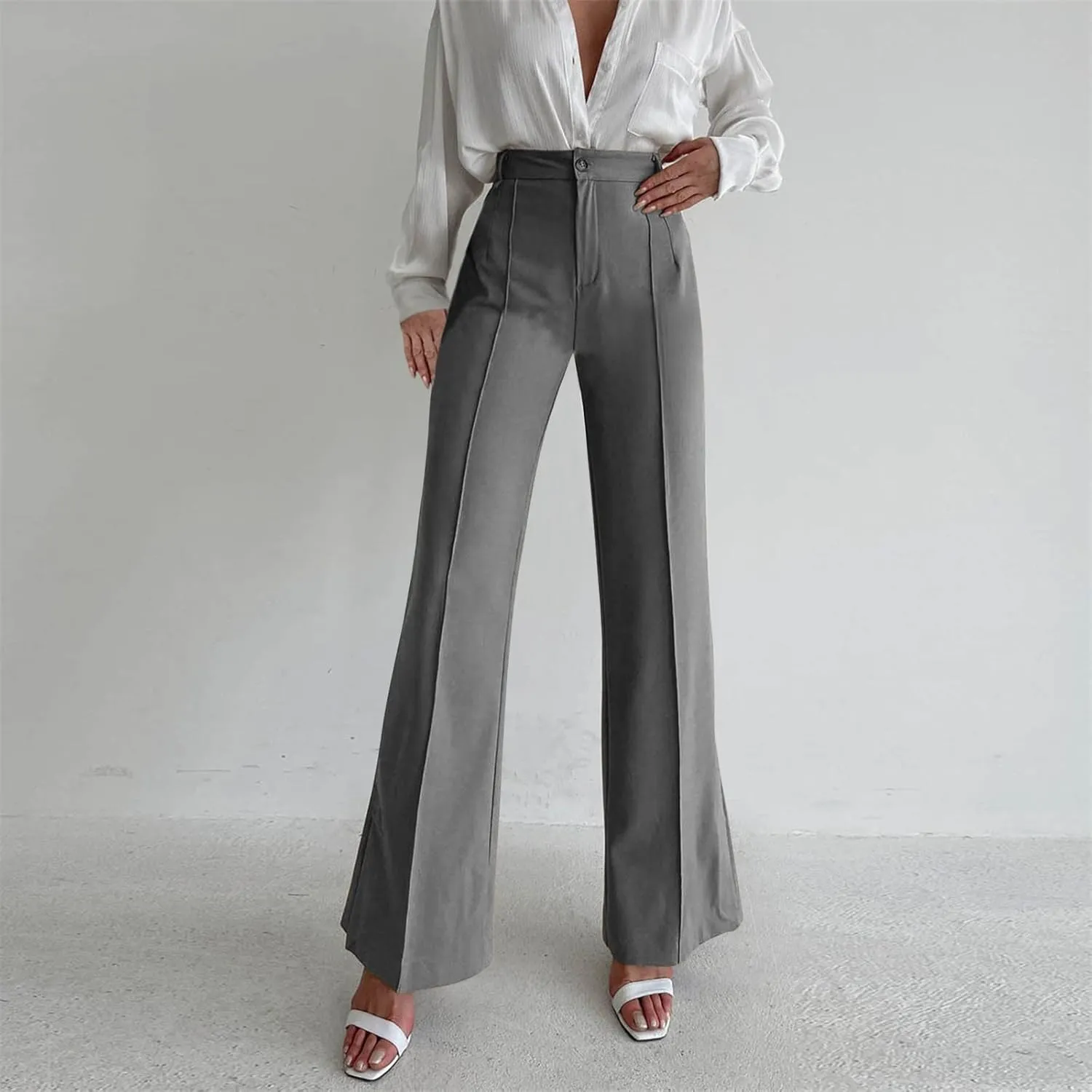 Office Flare Pants for Women Classic Formal Solid Ribbed Wide Leg High Waist Trousers Fashion Curvy Work Dressy Bootcut Pants