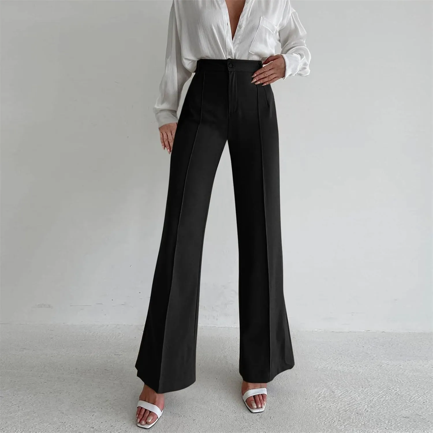 Office Flare Pants for Women Classic Formal Solid Ribbed Wide Leg High Waist Trousers Fashion Curvy Work Dressy Bootcut Pants