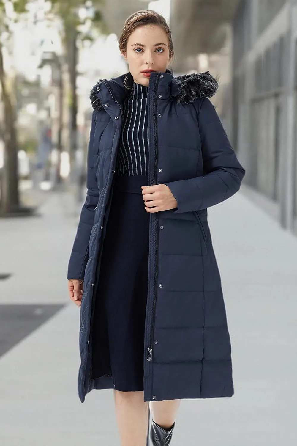 Orolay Women's Quilted Down Jacket Winter Long Coat Hooded Stand Collar Parka