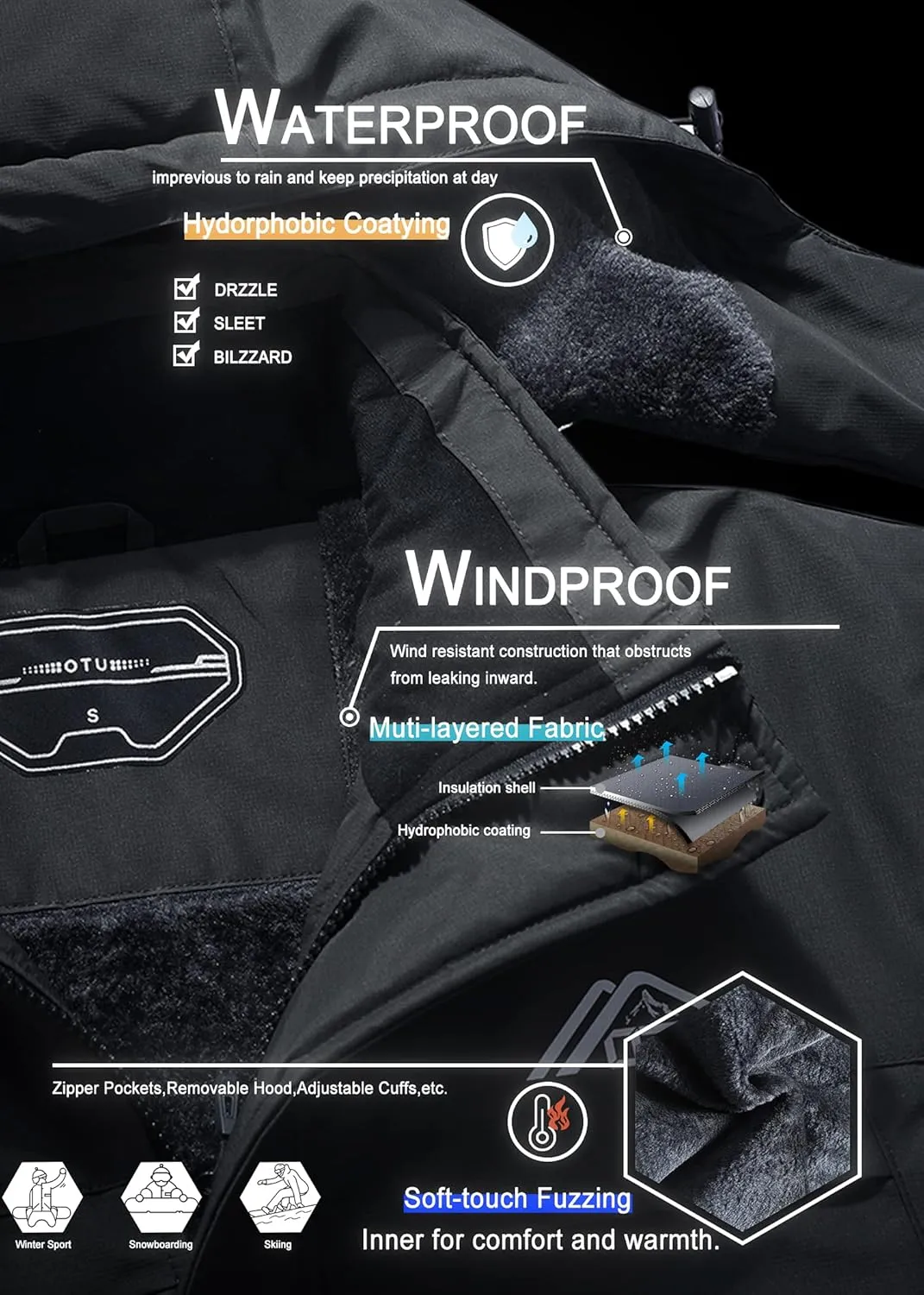 OTU Men's Waterproof Ski Jacket Snowboarding Windbreaker Warm Winter Hooded Mountain Snow Coat