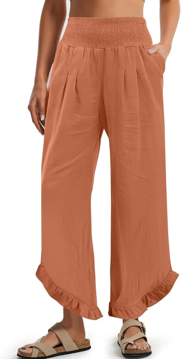 Palazzo Cotton Linen Pants Women Casual Smocked Waisted Ruffle Hem Wide Leg Pants Summer Loose Beach Pant with Pockets