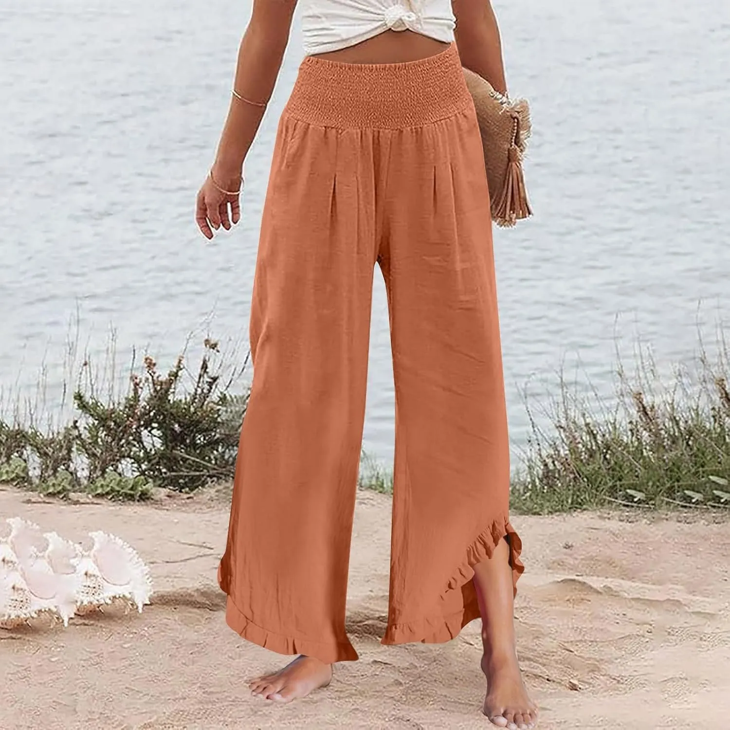 Palazzo Cotton Linen Pants Women Casual Smocked Waisted Ruffle Hem Wide Leg Pants Summer Loose Beach Pant with Pockets