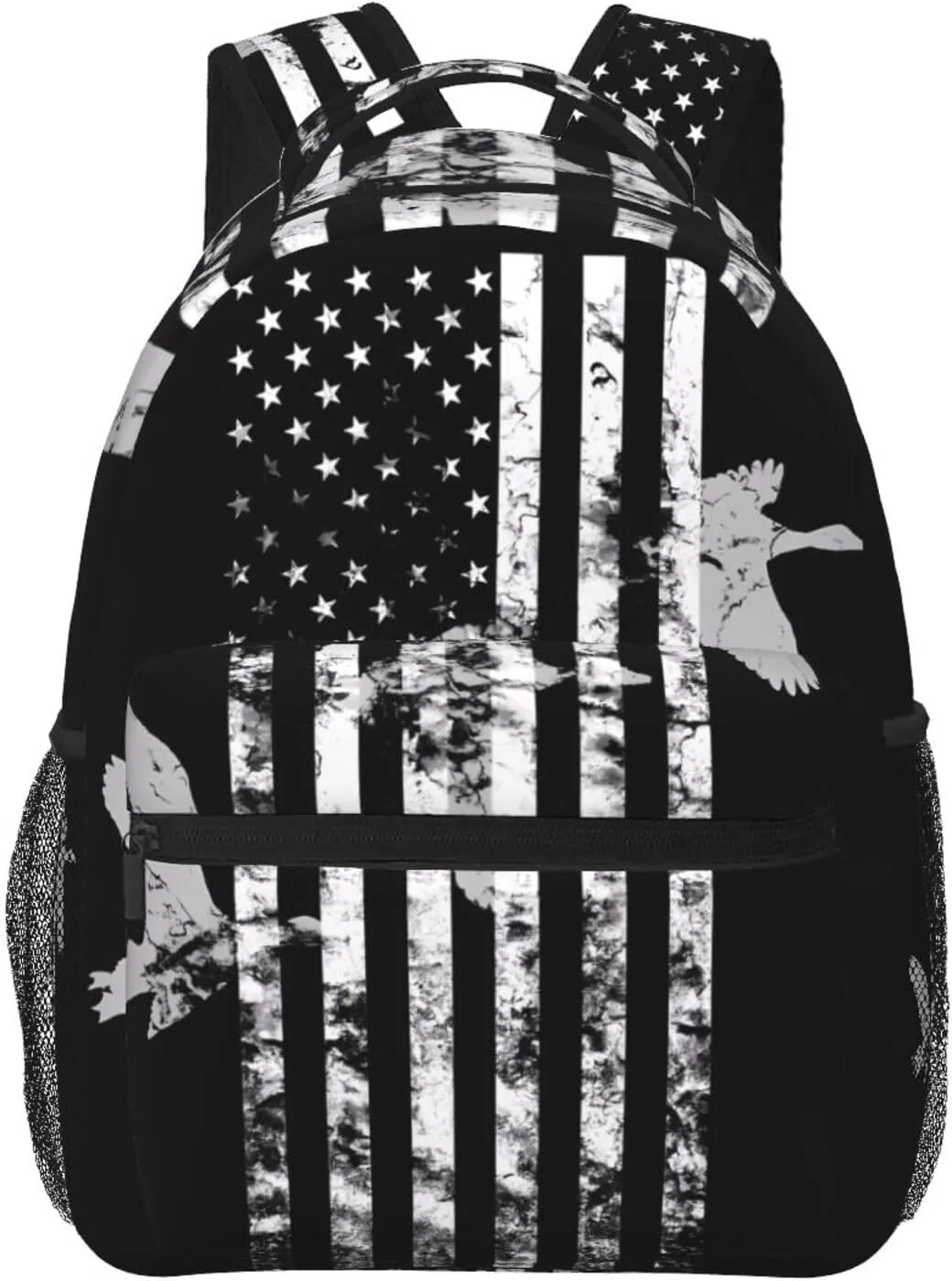 Patriotic American Flag Duck Hunting Backpack Casual Pack Bag Laptop Backpack With Side Pocket Front Zipper Pocket Bookpack Travel Daypack Picnic Rucksack