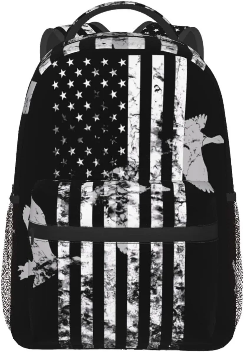 Patriotic American Flag Duck Hunting Backpack Casual Pack Bag Laptop Backpack With Side Pocket Front Zipper Pocket Bookpack Travel Daypack Picnic Rucksack