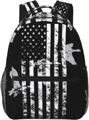 Patriotic American Flag Duck Hunting Backpack Casual Pack Bag Laptop Backpack With Side Pocket Front Zipper Pocket Bookpack Travel Daypack Picnic Rucksack