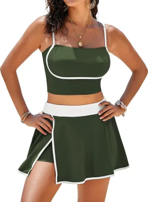 Pink Queen 2025 High Waisted Bikini Set for Women 2 Piece Swimsuits Spaghetti Straps Color Block Swim Skirt Bathing Suits
