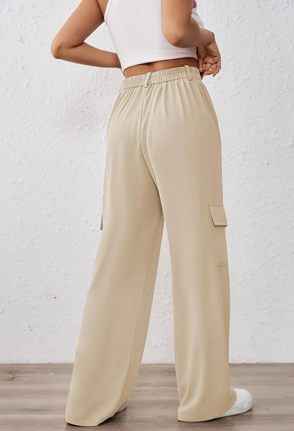 Pink Queen Women High Waisted Wide Leg Cargo Pants Button Down Loose Casual Trendy Work Trousers with 4 Pockets