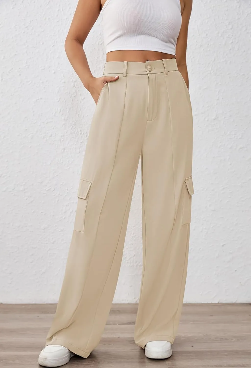 Pink Queen Women High Waisted Wide Leg Cargo Pants Button Down Loose Casual Trendy Work Trousers with 4 Pockets