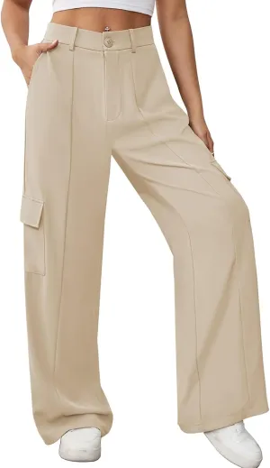 Pink Queen Women High Waisted Wide Leg Cargo Pants Button Down Loose Casual Trendy Work Trousers with 4 Pockets