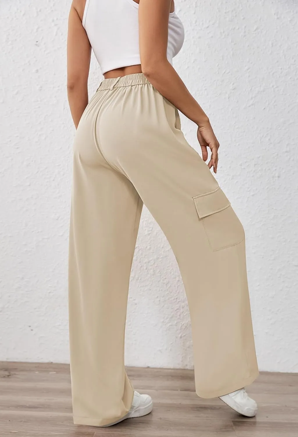 Pink Queen Women High Waisted Wide Leg Cargo Pants Button Down Loose Casual Trendy Work Trousers with 4 Pockets