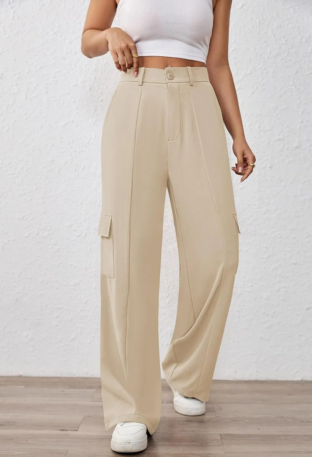Pink Queen Women High Waisted Wide Leg Cargo Pants Button Down Loose Casual Trendy Work Trousers with 4 Pockets