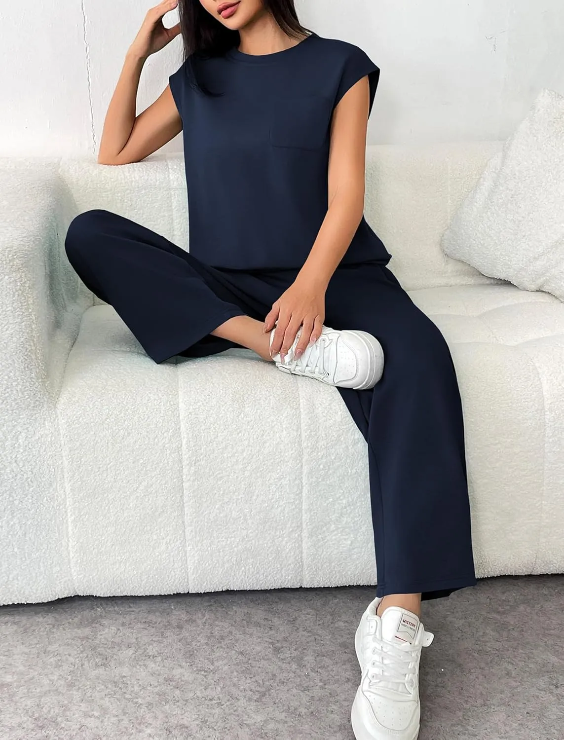 PINSPARK 2 Piece Sets for Women Summer Lounge Set Cap Sleeves Sweatsuit Cropped Wide Leg Pants 2025 Matching Travel Tracksuit