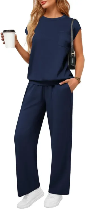 PINSPARK 2 Piece Sets for Women Summer Lounge Set Cap Sleeves Sweatsuit Cropped Wide Leg Pants 2025 Matching Travel Tracksuit