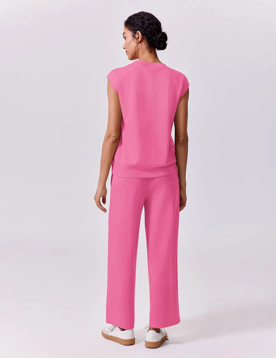 PINSPARK 2 Piece Sets for Women Summer Lounge Set Cap Sleeves Sweatsuit Cropped Wide Leg Pants 2025 Matching Travel Tracksuit