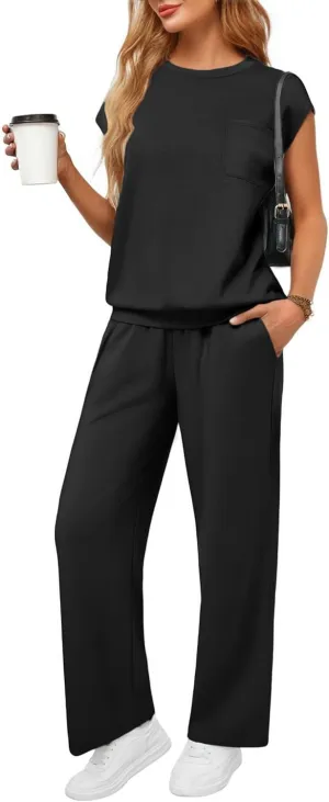 PINSPARK 2 Piece Sets for Women Summer Lounge Set Cap Sleeves Sweatsuit Cropped Wide Leg Pants 2025 Matching Travel Tracksuit
