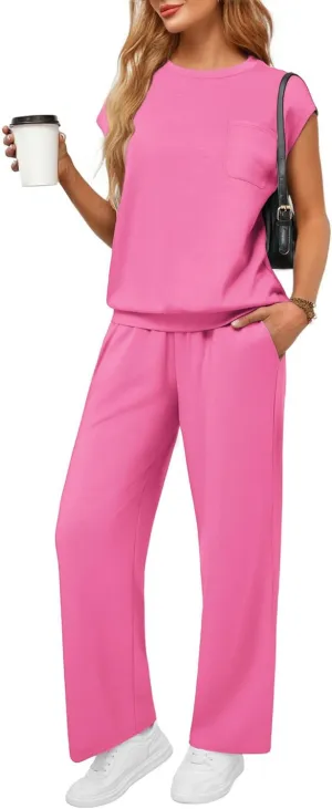 PINSPARK 2 Piece Sets for Women Summer Lounge Set Cap Sleeves Sweatsuit Cropped Wide Leg Pants 2025 Matching Travel Tracksuit