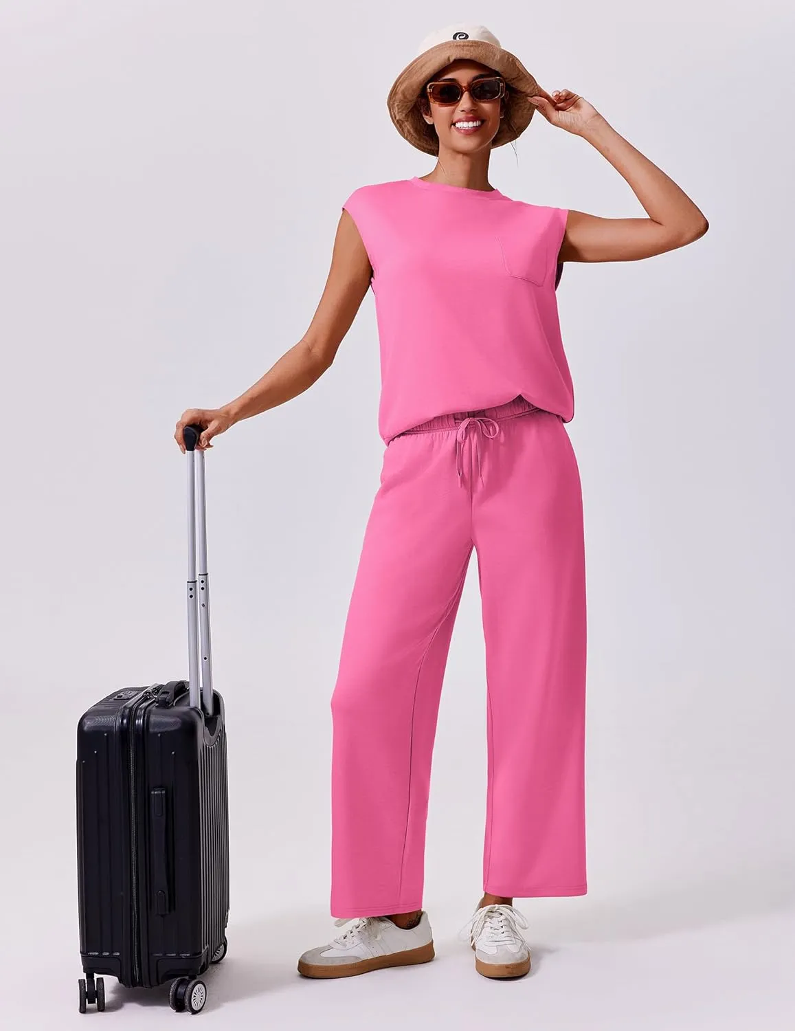 PINSPARK 2 Piece Sets for Women Summer Lounge Set Cap Sleeves Sweatsuit Cropped Wide Leg Pants 2025 Matching Travel Tracksuit