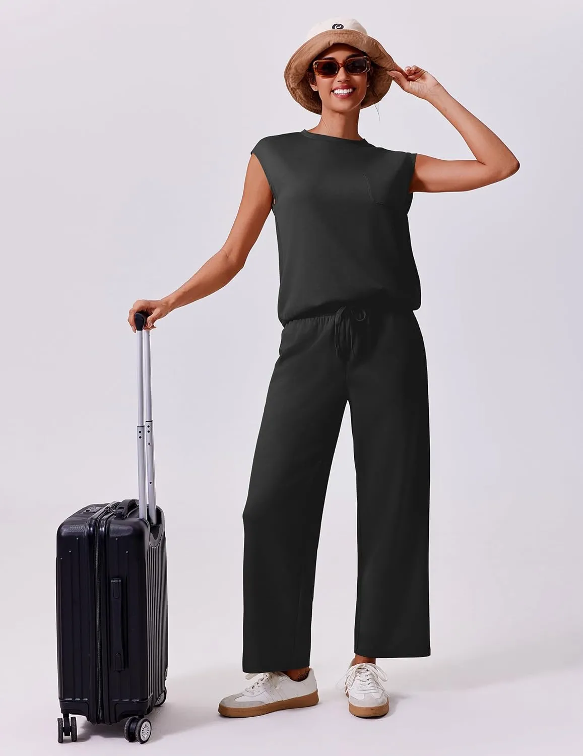 PINSPARK 2 Piece Sets for Women Summer Lounge Set Cap Sleeves Sweatsuit Cropped Wide Leg Pants 2025 Matching Travel Tracksuit