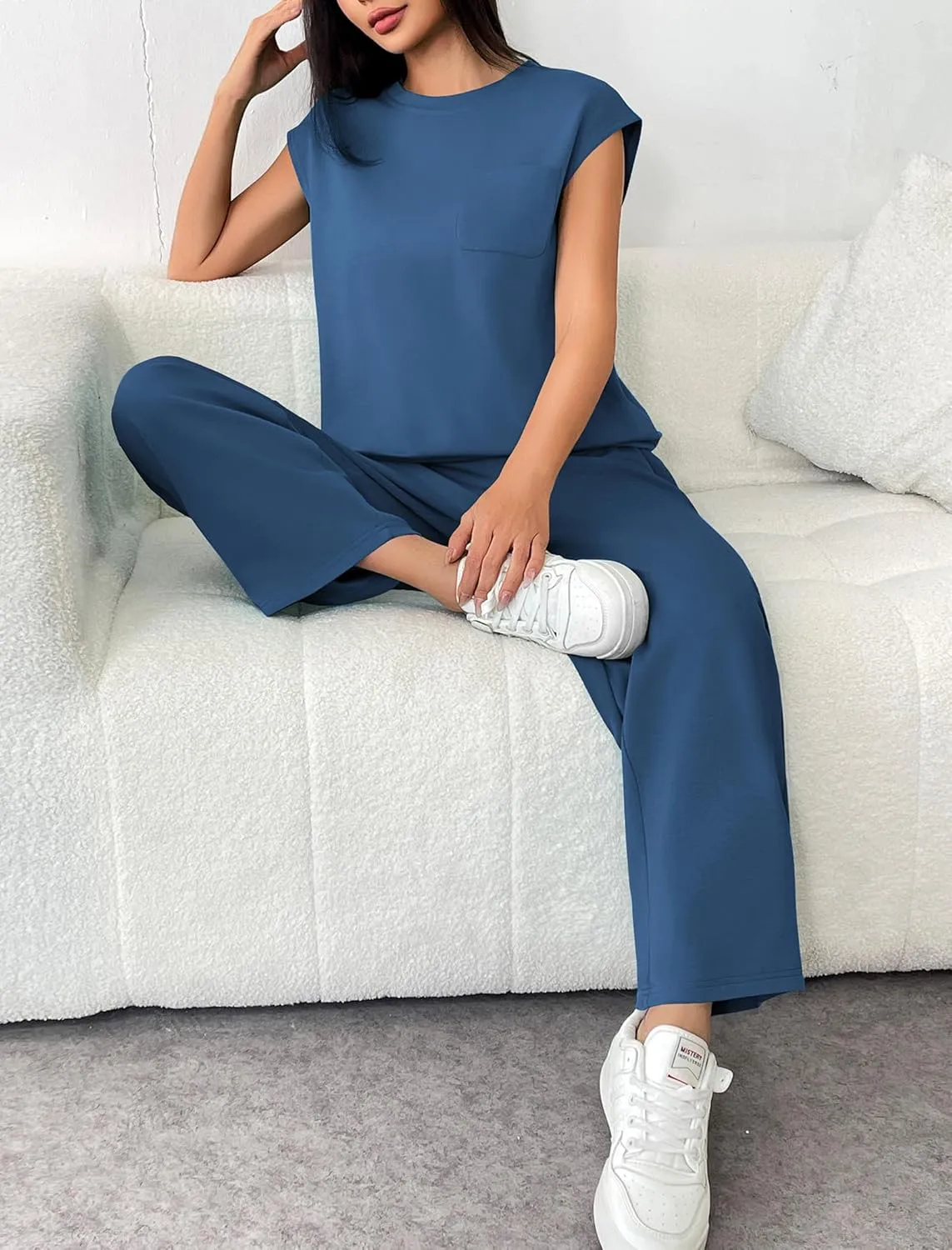 PINSPARK 2 Piece Sets for Women Summer Lounge Set Cap Sleeves Sweatsuit Cropped Wide Leg Pants 2025 Matching Travel Tracksuit