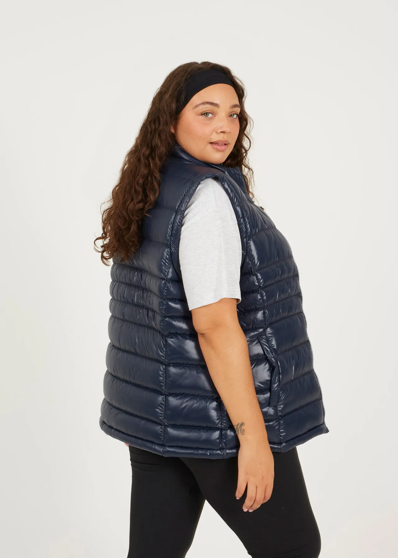 PLUS SIZE HIGH SHINE FINISH FAUX DOWN FILLED GILET