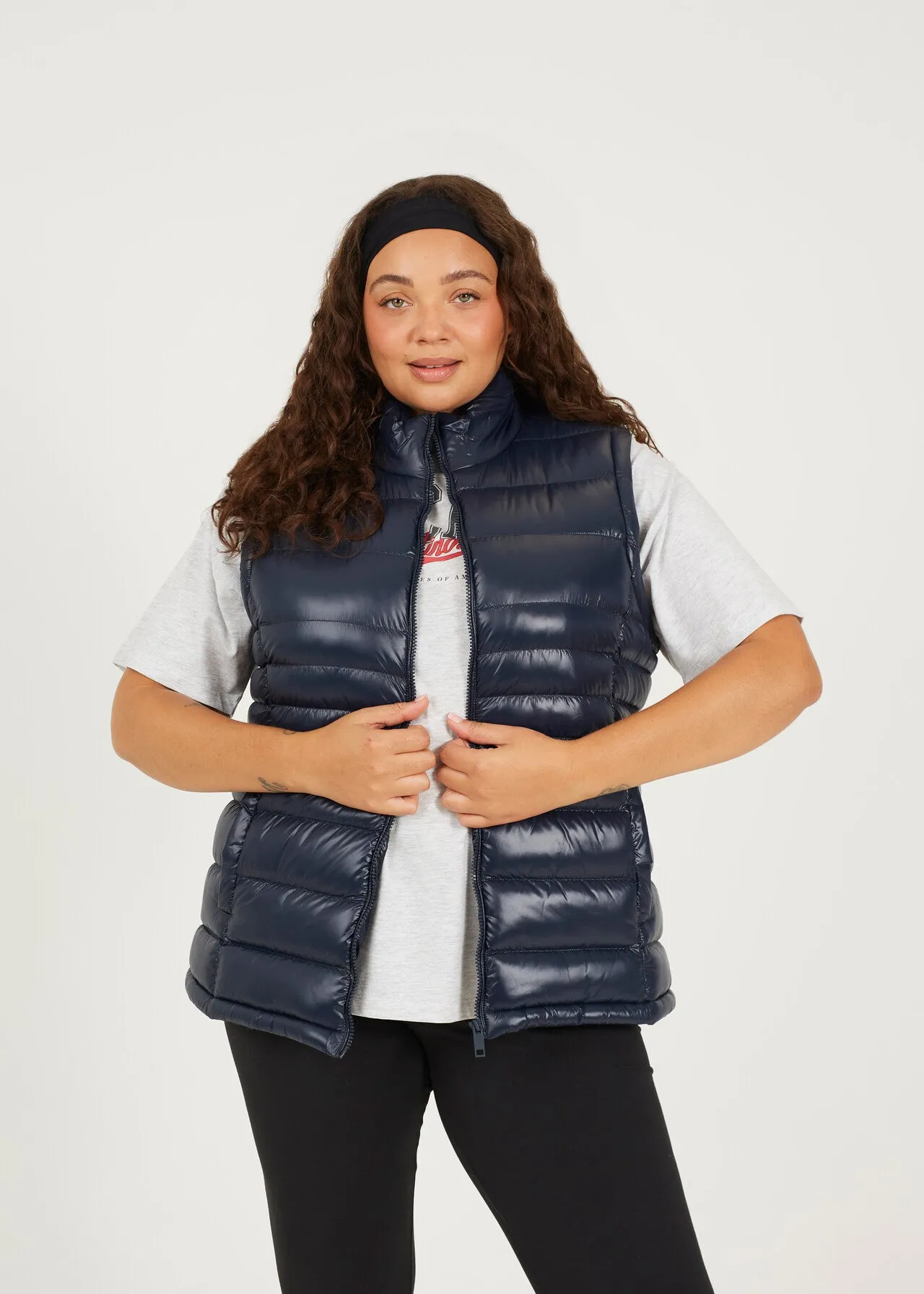 PLUS SIZE HIGH SHINE FINISH FAUX DOWN FILLED GILET