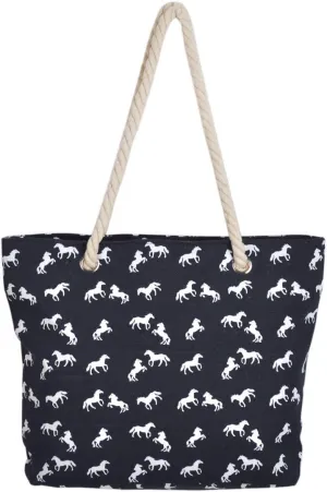 Premium Large Stallion Horse Print Cotton Canvas Tote Shoulder Bag Handbag Black