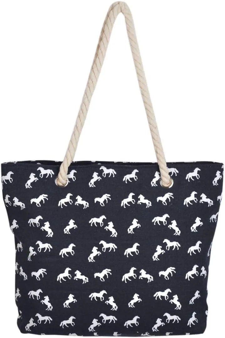 Premium Large Stallion Horse Print Cotton Canvas Tote Shoulder Bag Handbag Black