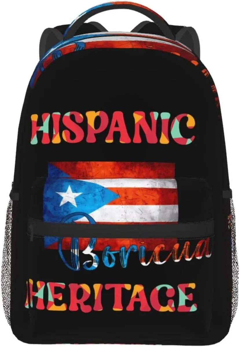 Puerto Rico Boricua Hispanic Heritage Month Backpack Casual Pack Bag Laptop Backpack With Side Pocket Front Zipper Pocket Bookpack Travel Daypack Picnic Rucksack