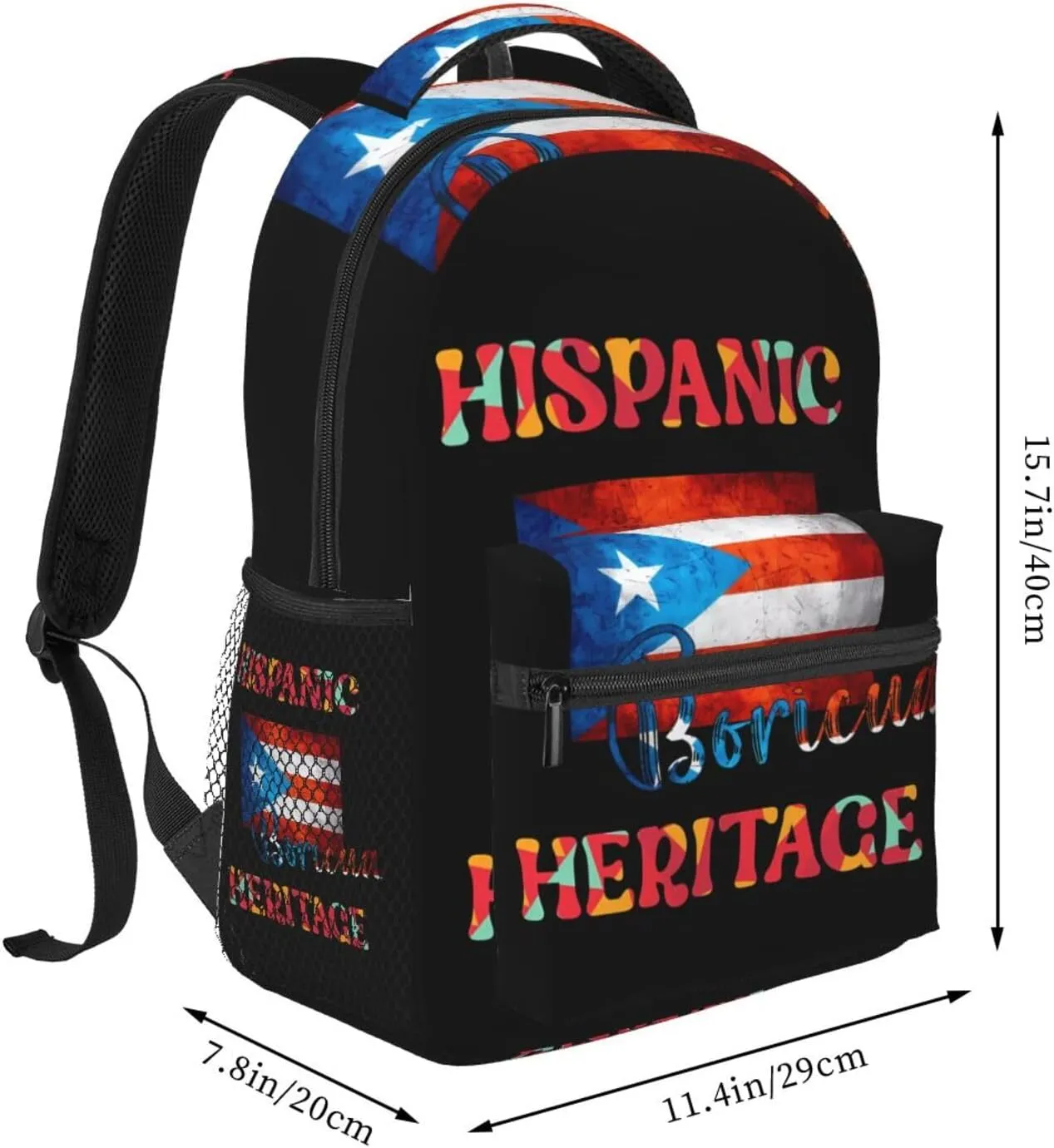 Puerto Rico Boricua Hispanic Heritage Month Backpack Casual Pack Bag Laptop Backpack With Side Pocket Front Zipper Pocket Bookpack Travel Daypack Picnic Rucksack